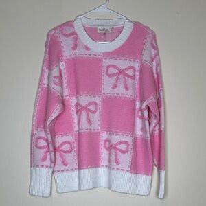 Peach Love California Pink and White Checkered Bow Sweater